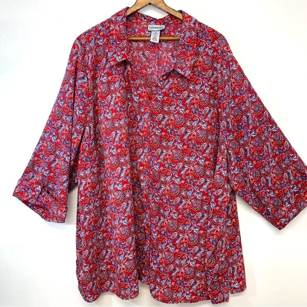 Catherines Button Up Top Woman 4X Red Print Half Sleeve Lightweight Casual Work